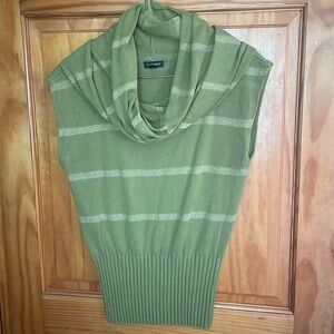 Sleeveless cowl neck sweater, light olive green with metallic gold stripes.